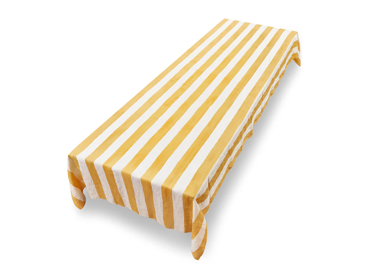 Stripe Linen Tablecloth in White and Yellow