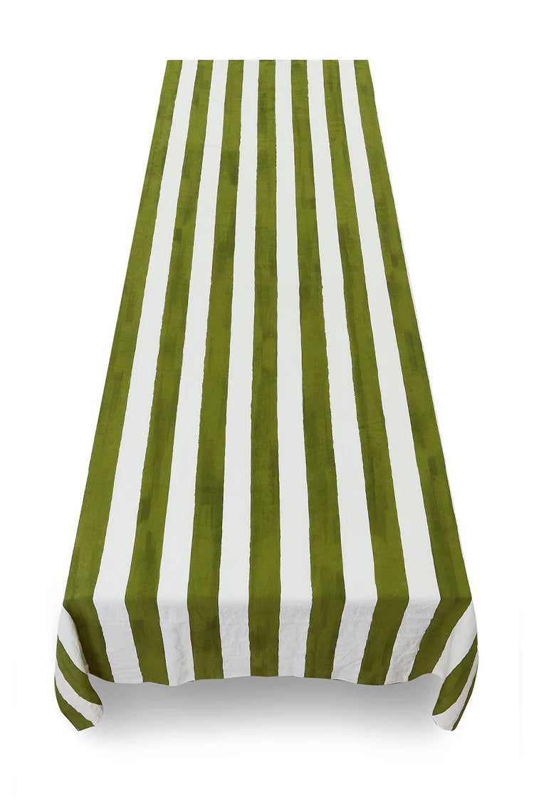 Stripe Linen Tablecloth in White and Green