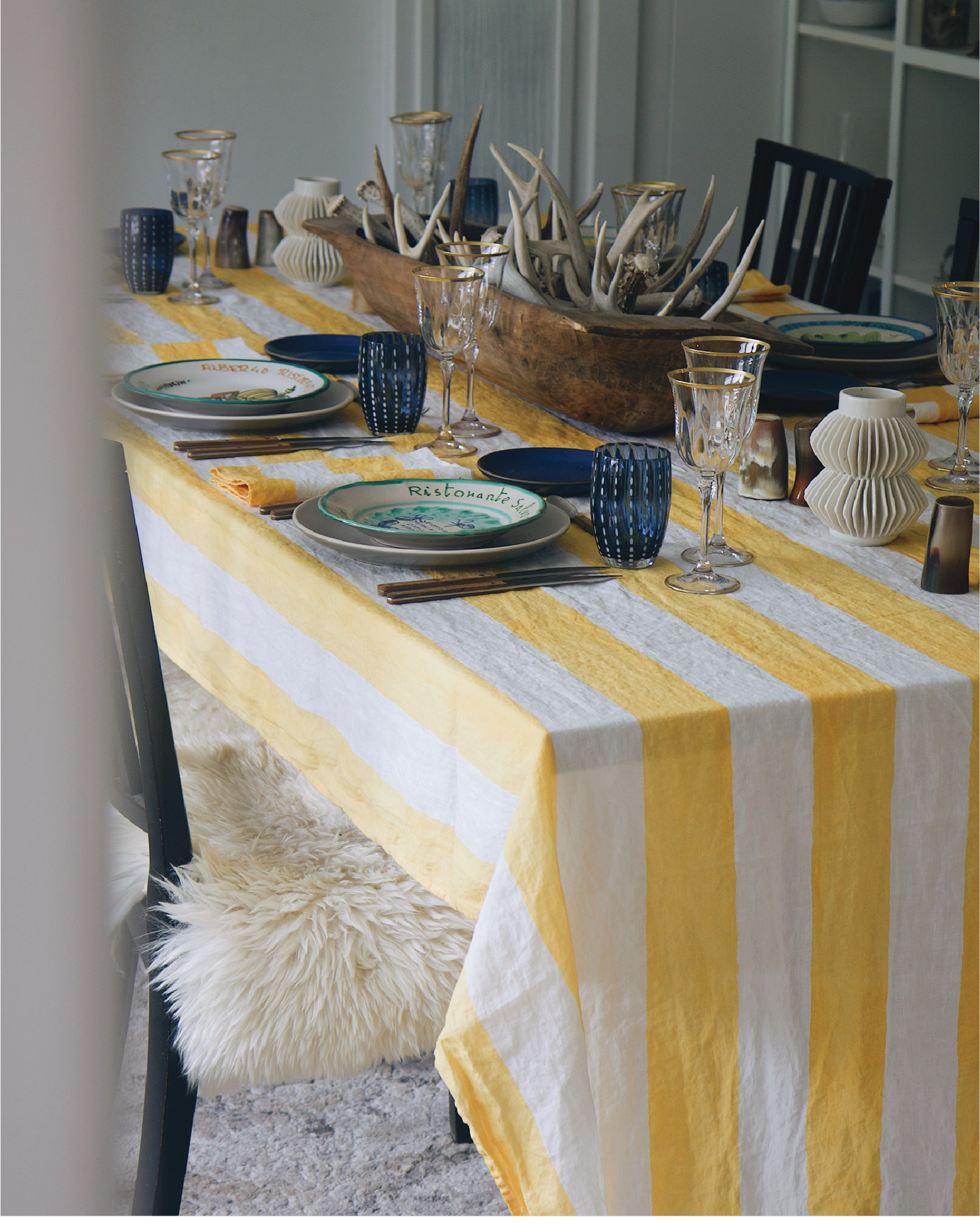 Stripe Linen Tablecloth in White and Yellow